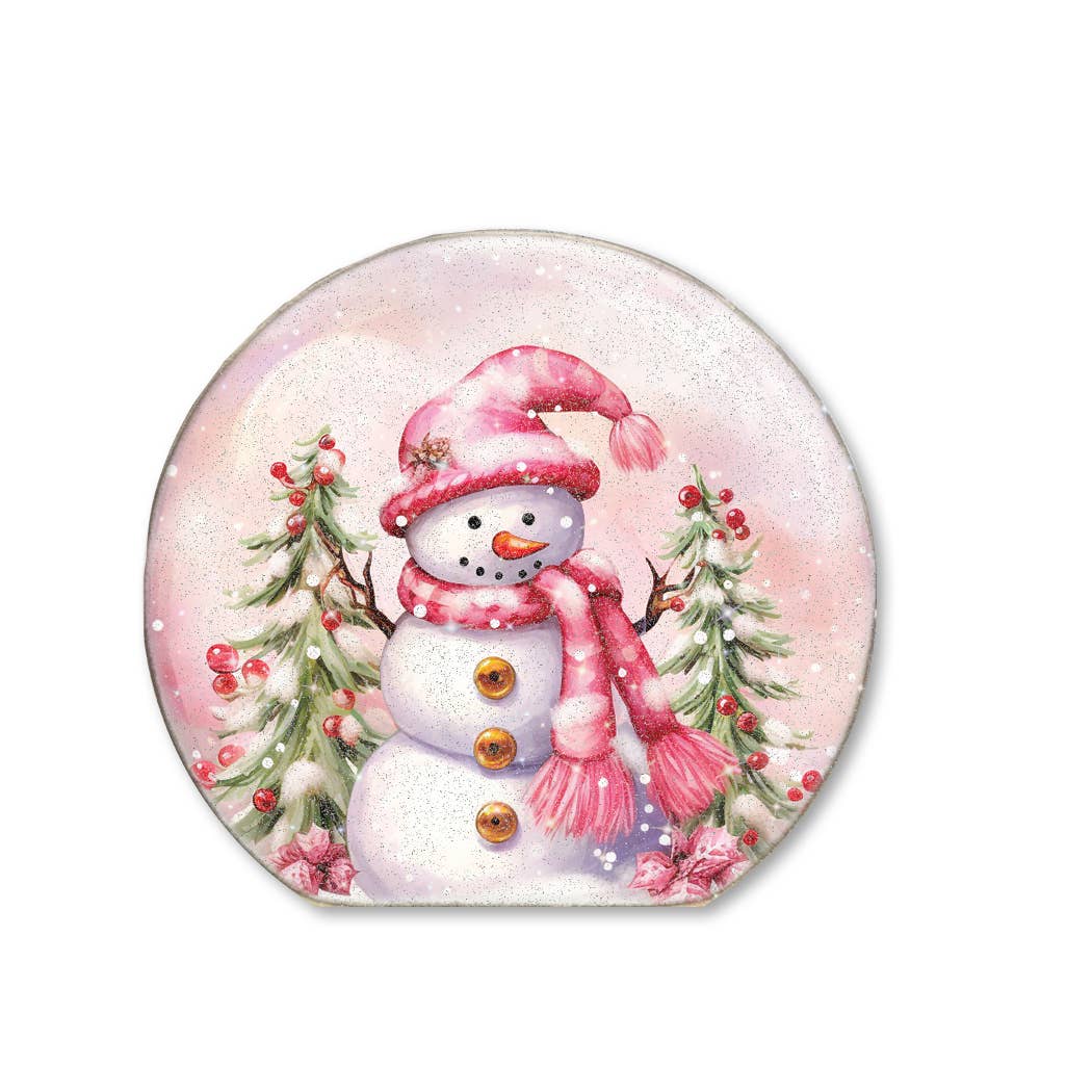 Jarmz Designs - Wholesale Christmas decoration - SNOWGLOBE SITTER PINK SNOWMAN (WITH GLITTER)