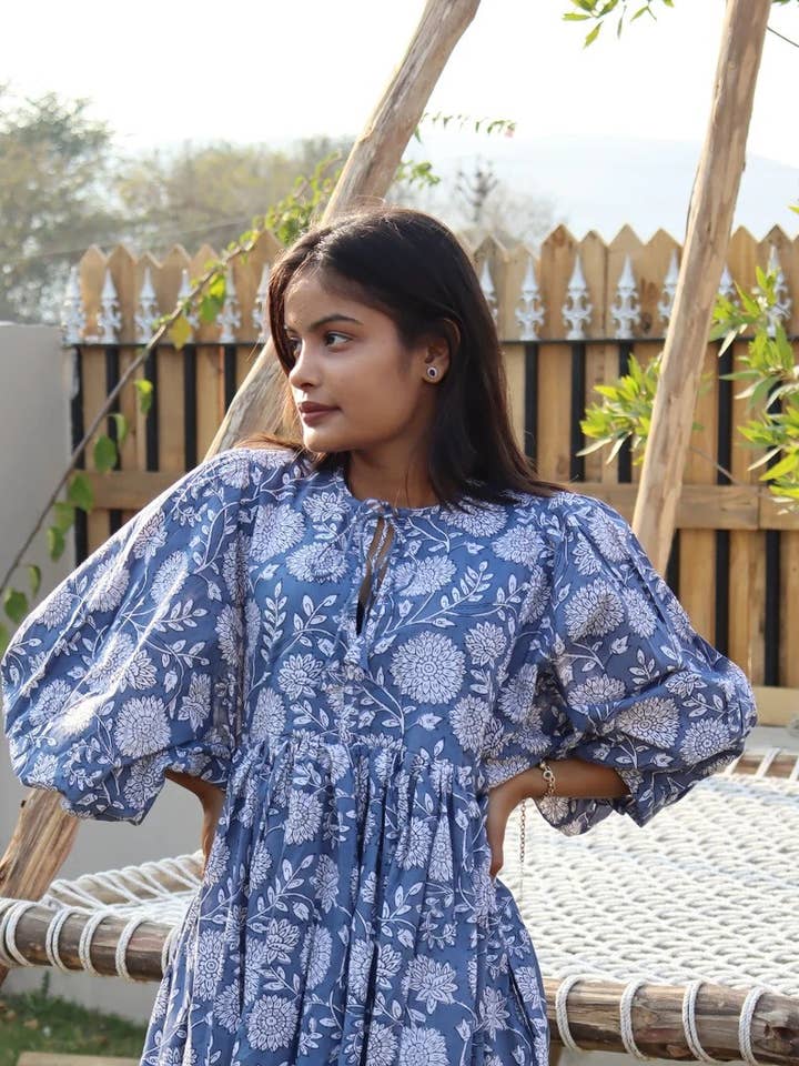 bhavnas boutique – wholesale Klänning - Dam – Blommönster Miniklänning Indisk bomull handgjord klänning