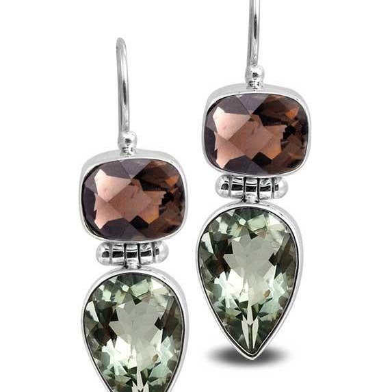 SE-5376-CO1 Sterling Silver Smoky Quartz And Green Amethyst Quartz Teardrop Dangle Earrings – Wholesale Collection for wholesale by Bali Designs