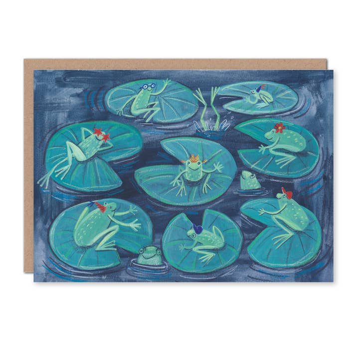 Frog Pool party, A6 greetings card for wholesale by Juliet Thomas Doodles