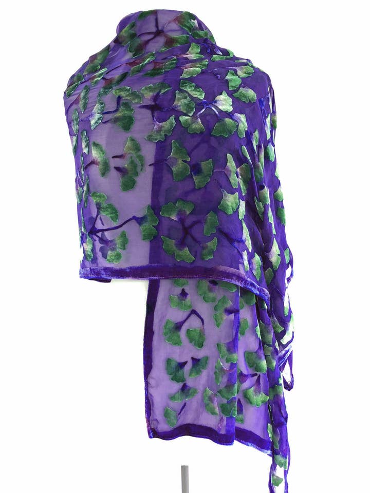 Purple Burnout Velvet Gingko Leaves Scarf/Shawl for wholesale by Sherit Levin Textiles