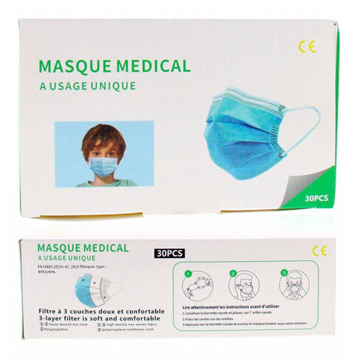 TSJJ - Wholesale Protective Face Mask/Shield - Box of 30 White or Blue Medical Kids Masks0