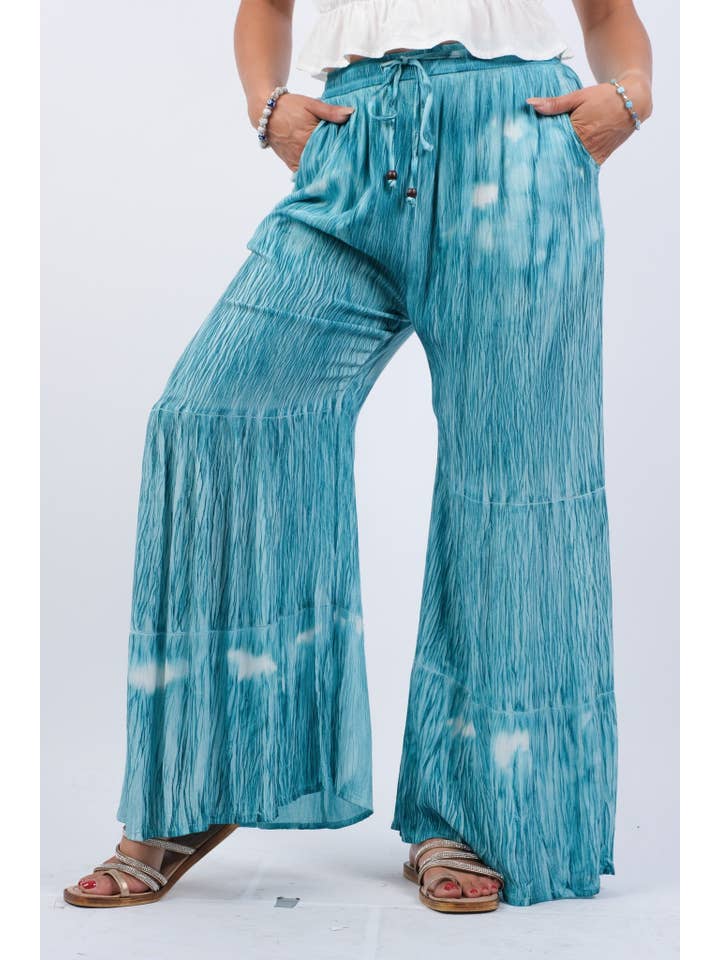 Sacred Threads - Vendita all'ingrosso Pantalone - Donna - Pantaloni Hippie Svasati con Stampa a Blocchi Azzurro Cielo