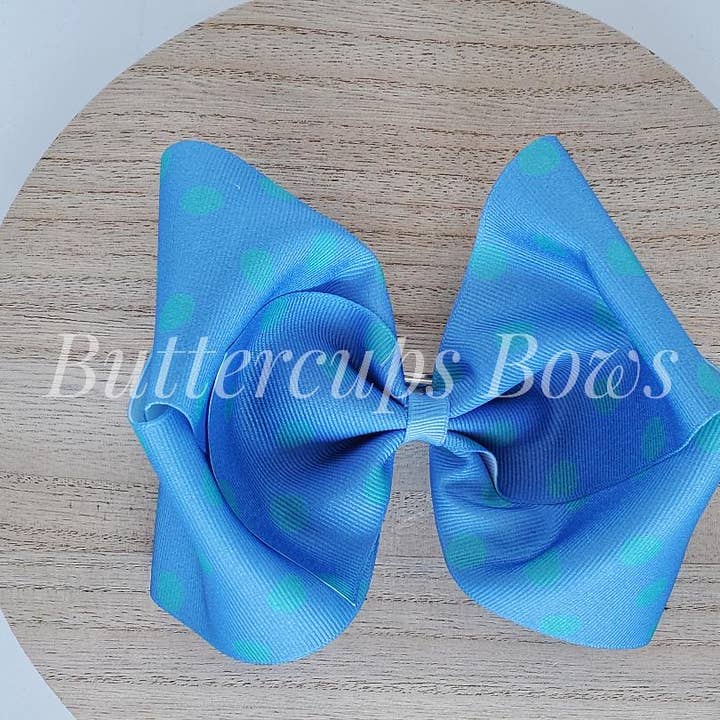Blue with Green Polka Dot Biggie Bow for wholesale by Buttercups Bows
