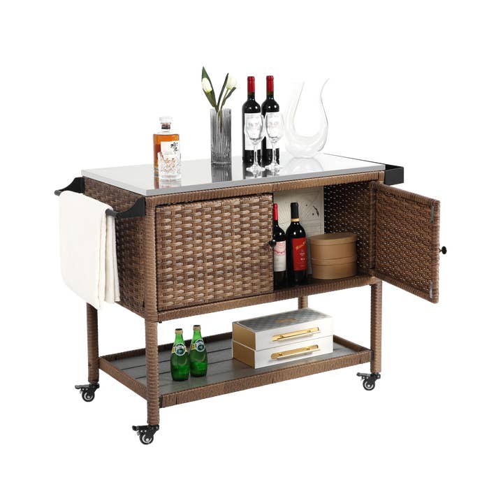 39F Inc. - Wholesale Bar Cart - Brown Outdoor Wicker Bar Cart with Glass Top & Wheels3