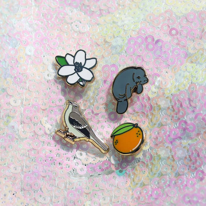 Florida Mini Pin Set - Bird, Orange, Blossom, Manatee for wholesale by Brylliant Design LLC