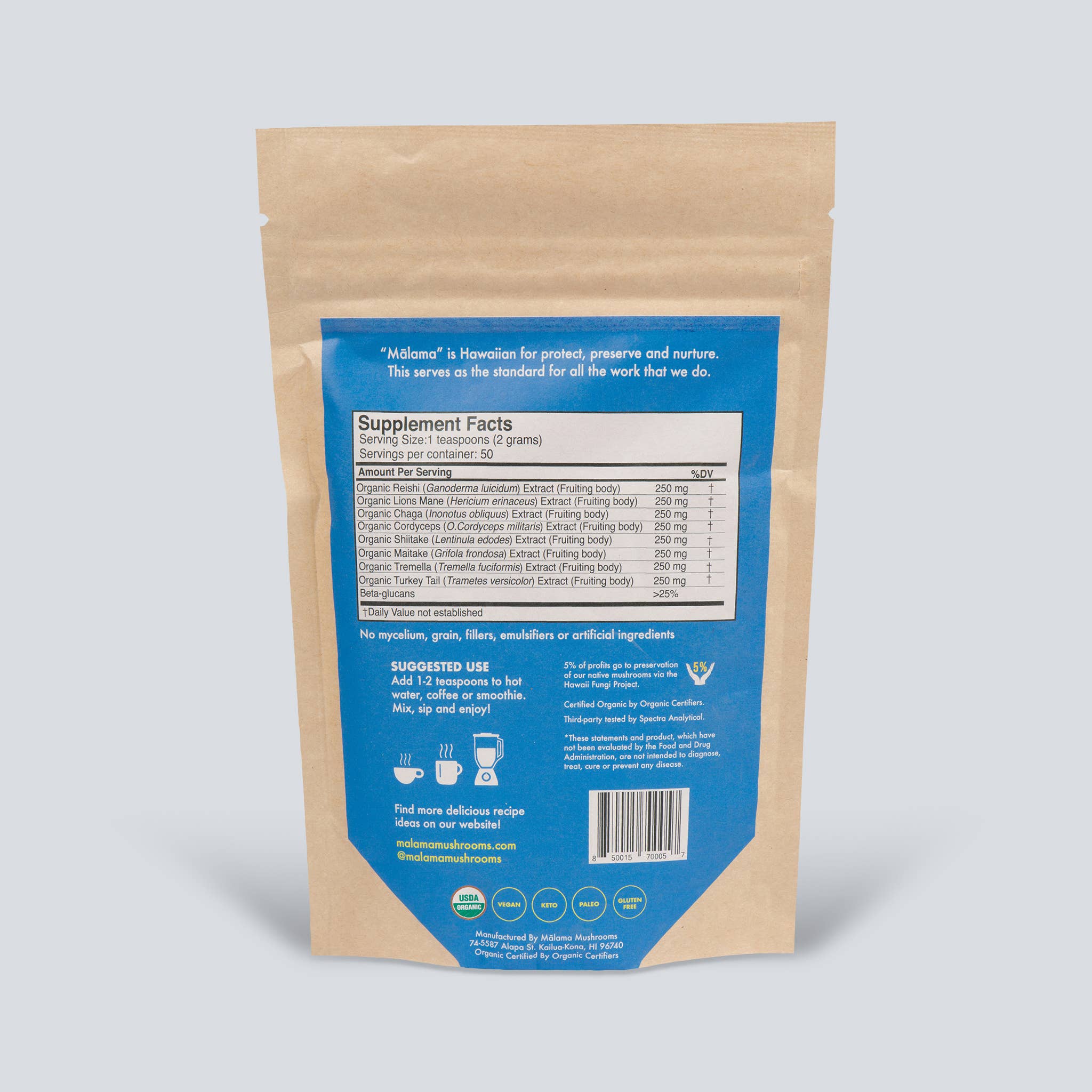 Malama Mushrooms – Engroshandel Protein-/superfoodpulver – 8 svampeblanding - 100 % økologisk, 100 g (3,5 oz)1