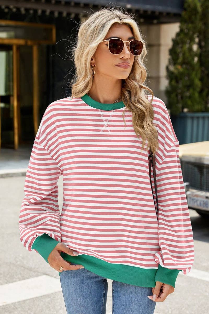 NINEXIS - Wholesale Blouse - Women's - CWTBLL1888_FALL CREW-NECK STRIPED LONG-SLEEVED TOP1
