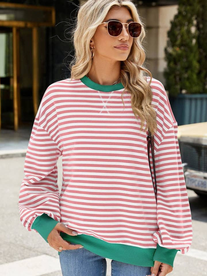 NINEXIS - Wholesale Blouse - Women's - CWTBLL1888_FALL CREW-NECK STRIPED LONG-SLEEVED TOP1
