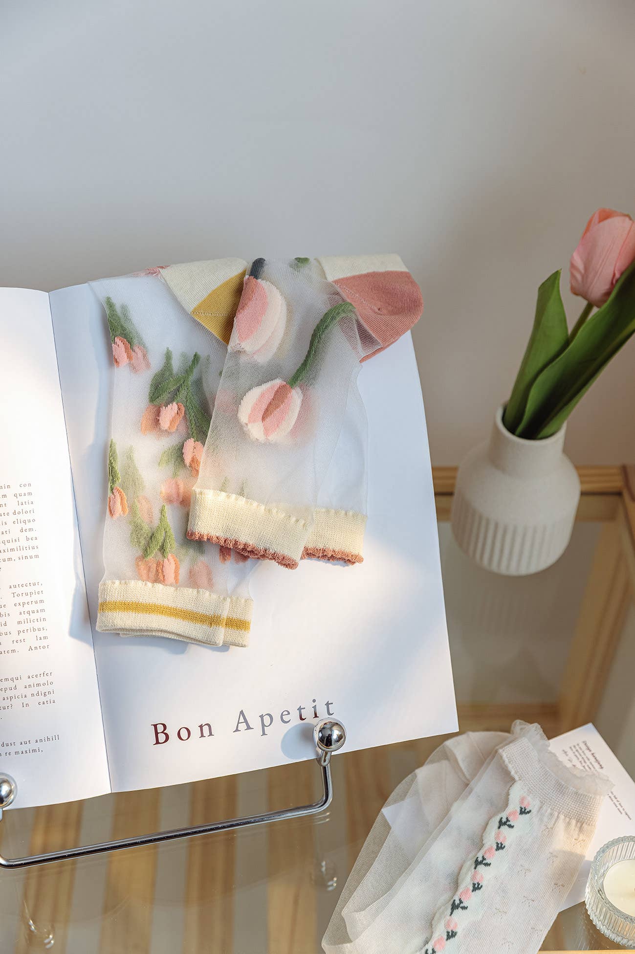 Rose 🌷 Transparent stocking socks with embroidered tulips 🌷 for wholesale on Faire1