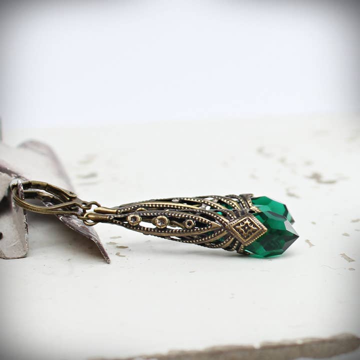 Art Deco Emerald Crystal Drop Earrings for wholesale by Circa 1890