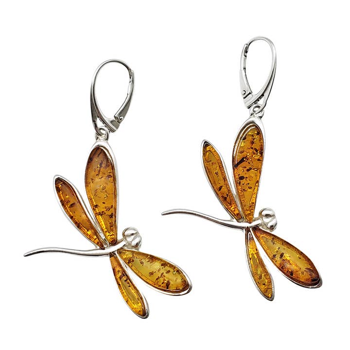 Cognac Amber Sterling Silver Dragonfly Örhängen På Krokar för wholesale av Amberman