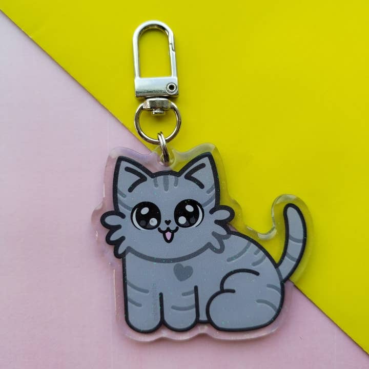 GRAY STRIPED Cat Body - Keychain Acrylic Epoxy for wholesale by kristykatko
