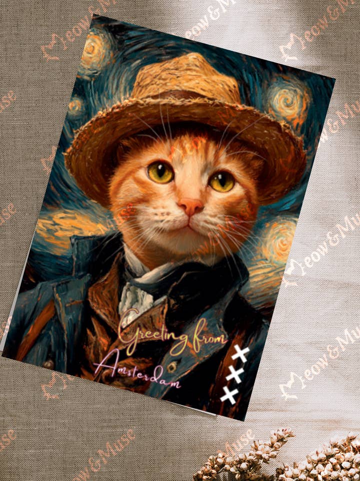 Postcard 'Greeting from AMS Van Gogh cat' for wholesale by Meow & Muse