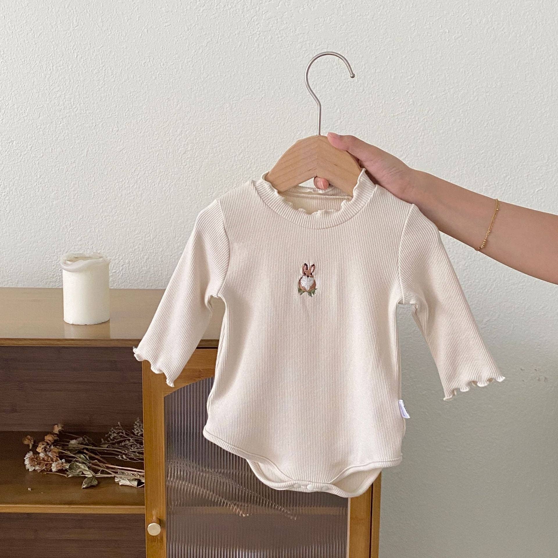 Beige Autumn Arrival Baby Girls Long Sleeves Simple Rabbit Embroidered bodysuit for wholesale on Faire0