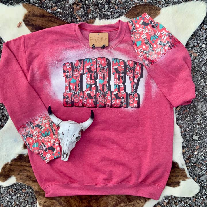 Merry & Ranchy Christmas Bleached Western Sweatshirt for wholesale by Ranchy Roan Boutique