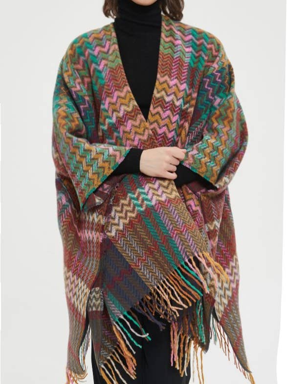 Plaid Ruana Multi-Colored Kimono shawl With Tassel Detail for wholesale by HIDDENBRAND