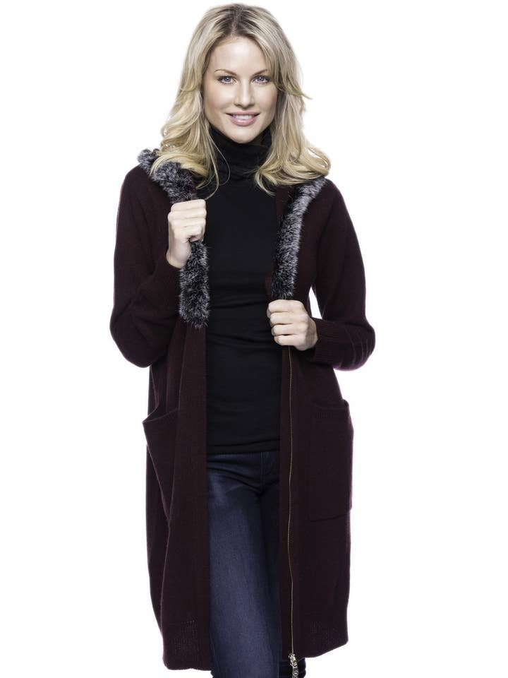 Wool Blend Zip Cardigan with Fur Trim Hood - Bordeaux for wholesale by Tocco Reale