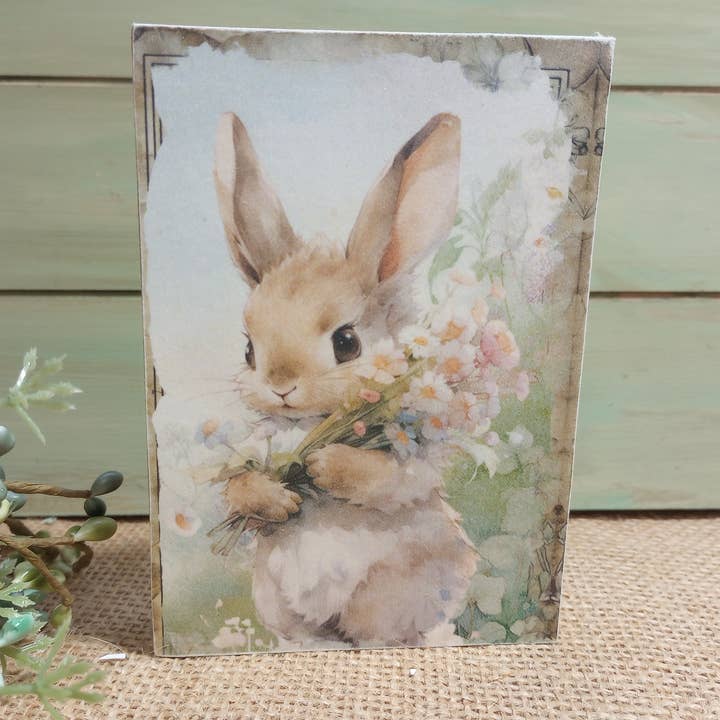Spring Wood Block Sign - Small - Bunny with Daisies for wholesale by Bluegrass Burlap Co