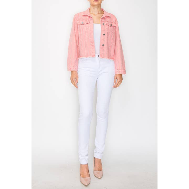 Stunning Denim Jacket With Stripe Sparkle Designs - 4768PINK for wholesale by Origami Apparel ~ Lace and Crochet inspired