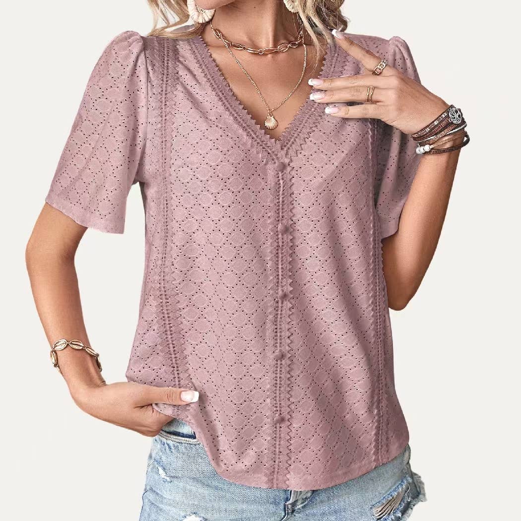 The Moment Collection - Wholesale Blouse - Women's - On-Trend Sheer V Neck Pierced Pointelle Short Sleeve Top3
