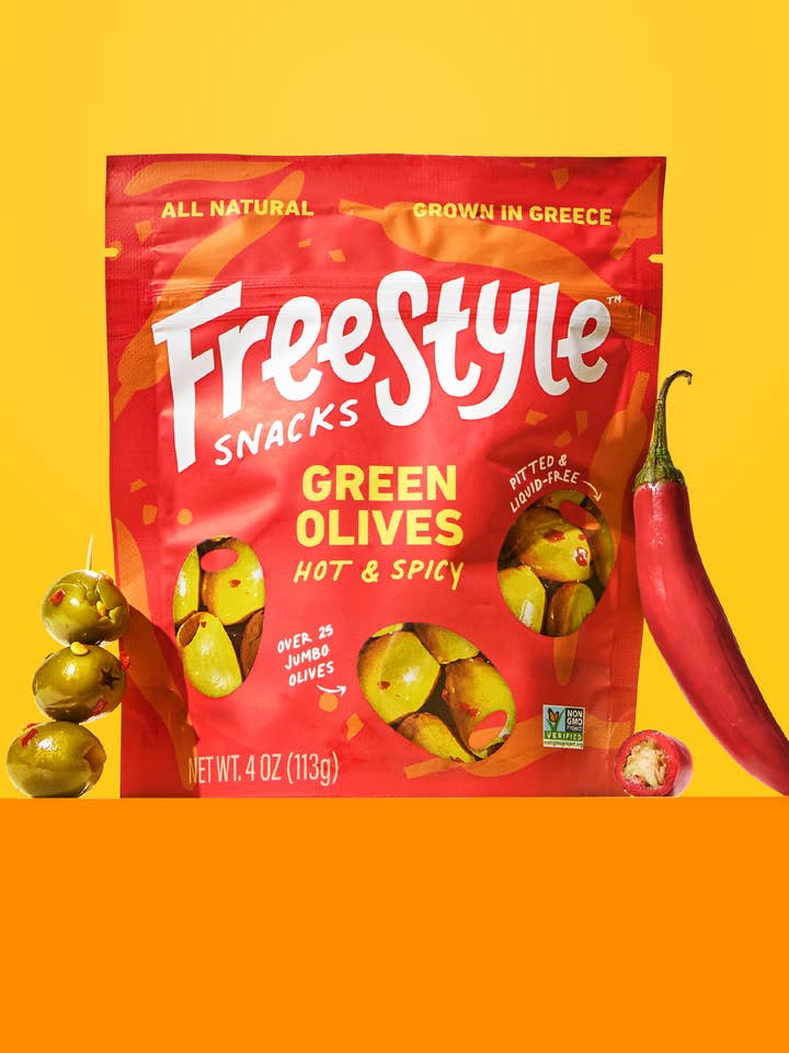 Hot & Spicy Green Olives 4oz - Freestyle Snacks for wholesale by Freestyle Snacks
