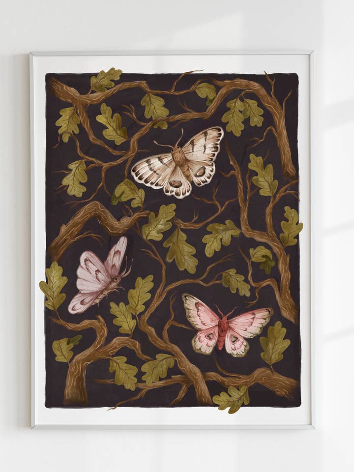 Oak Moth Illustration, Dark Forest Botanical Art Print for wholesale by Fox & Fables
