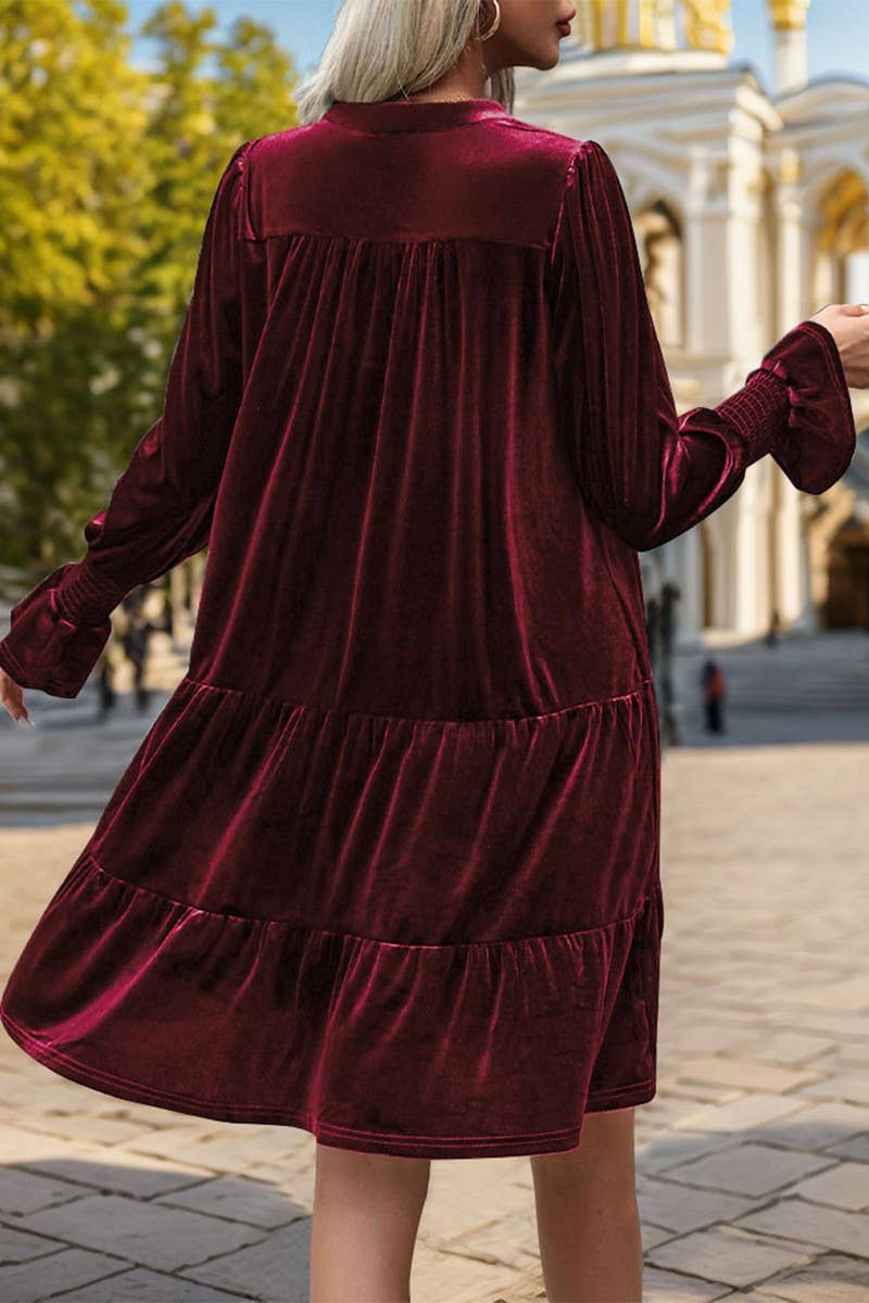 NINEXIS - Wholesale Dress - Women's - CWDMD3552_V-NECK LONG-SLEEVED SOLID COLOR VELVET DRESS14