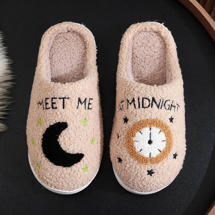 Meet Me at Midnight fluffy fleece slippers, winter warm shoe for wholesale by Weavey Studio
