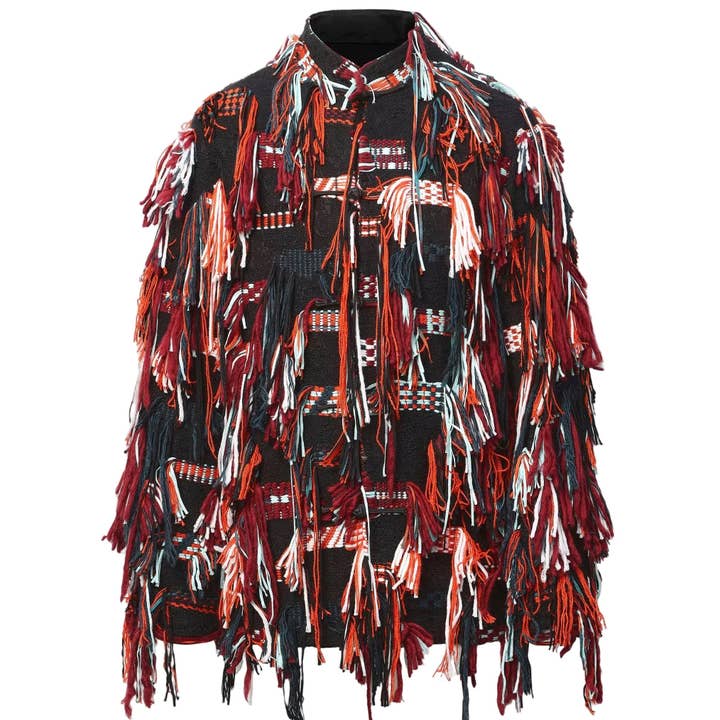 Wool Mao collar with red and black fringes for wholesale by Vanida Dang