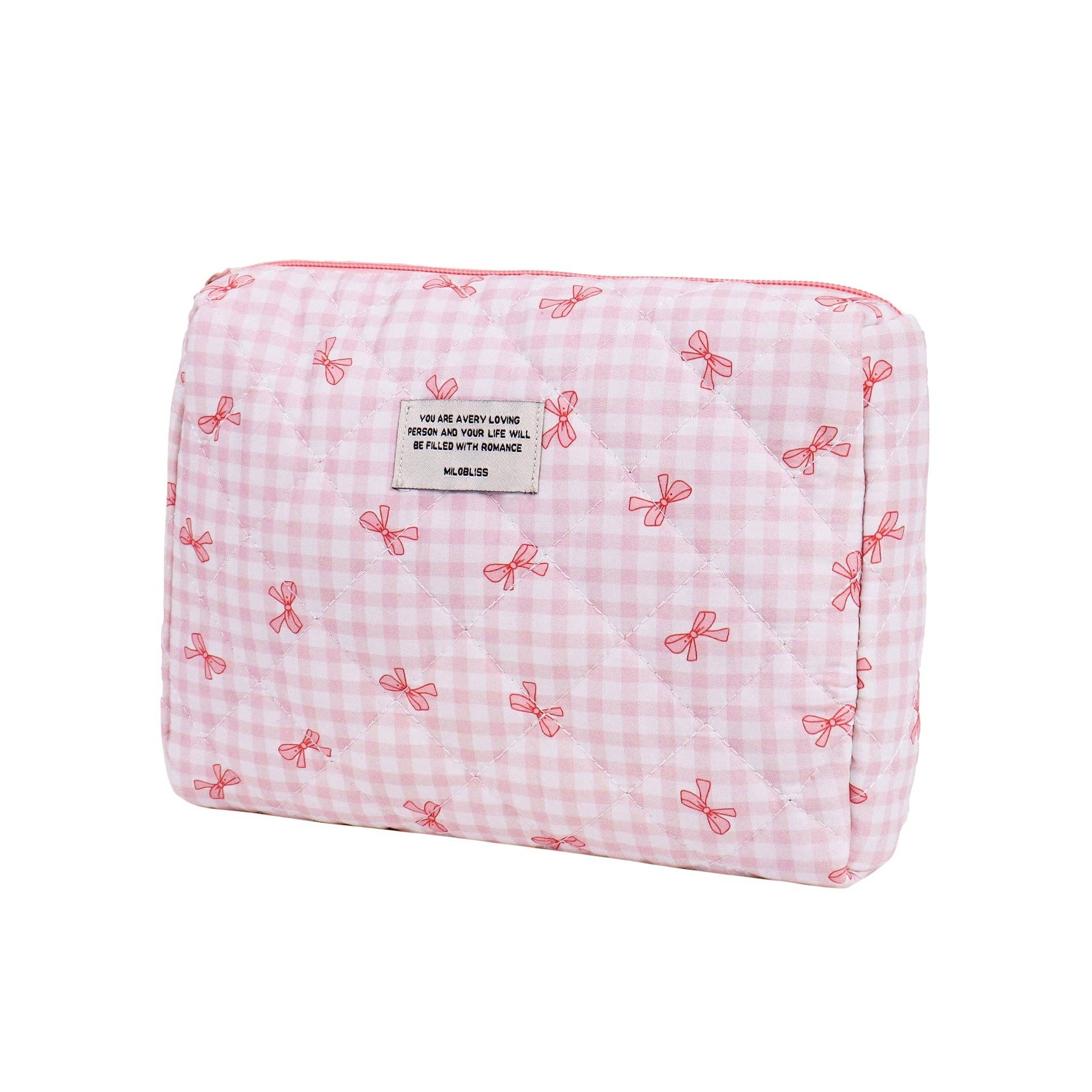 Wholesale Pink Checkered Bow Travel Makeup Toiletry Bag for your
