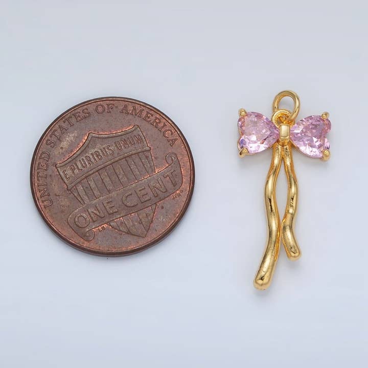 Aim Eternal - Wholesale Individual Charm/Pendant - 24K Gold Filled Clear, Pink CZ Ribbon Bow Drop Mini Charm | AC1013
