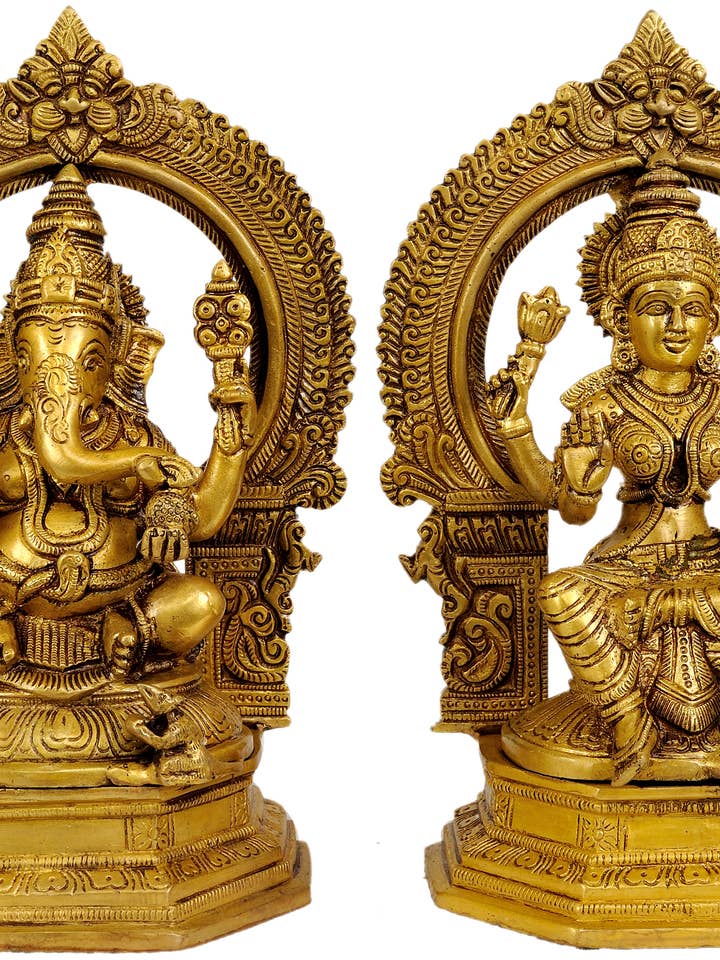 9" Ganesha Lakshmi i mässing | Handgjord | Tillverkad i Indien för wholesale av Exotic India Art
