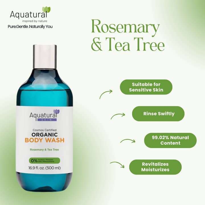 Aquatural Organic Body Wash Rosemary & Tea Tree - Plant-Based, Vegan | Cosmos Certified for wholesale by Turgiene