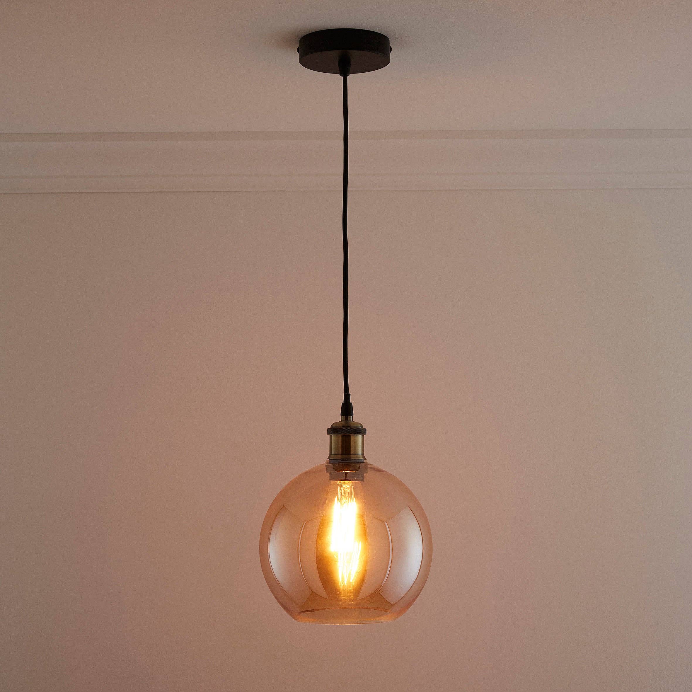 K LIVING – wholesale Chandelier/hanging light – Antonio 1 light Hanging Glass Ceiling Pendant with Filament Bulb 3 Colours Available Amber, Smokey Grey and Clear1