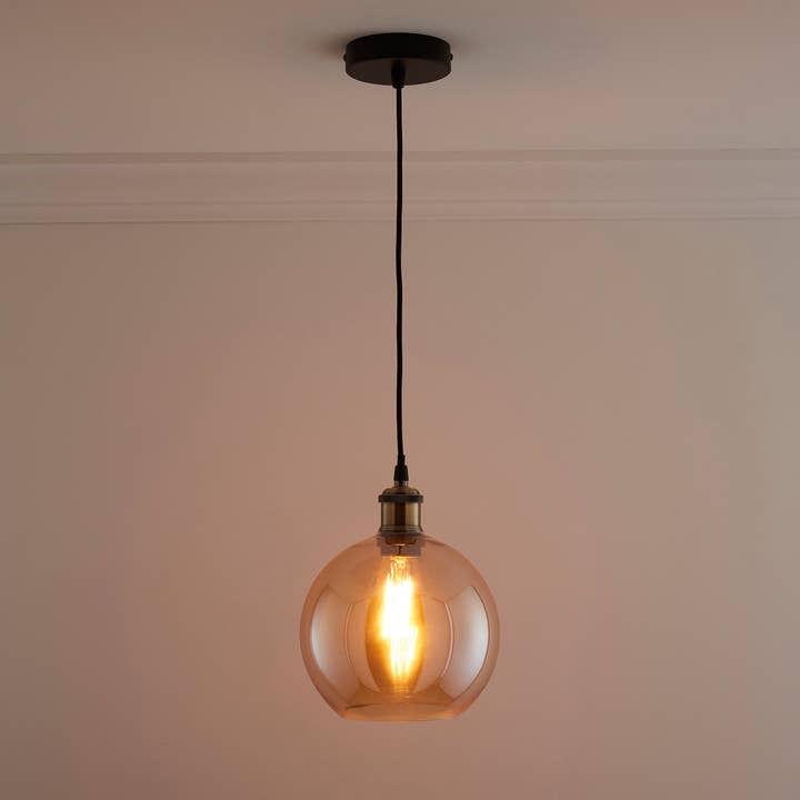 K LIVING – wholesale Chandelier/hanging light – Antonio 1 light Hanging Glass Ceiling Pendant with Filament Bulb 3 Colours Available Amber, Smokey Grey and Clear1