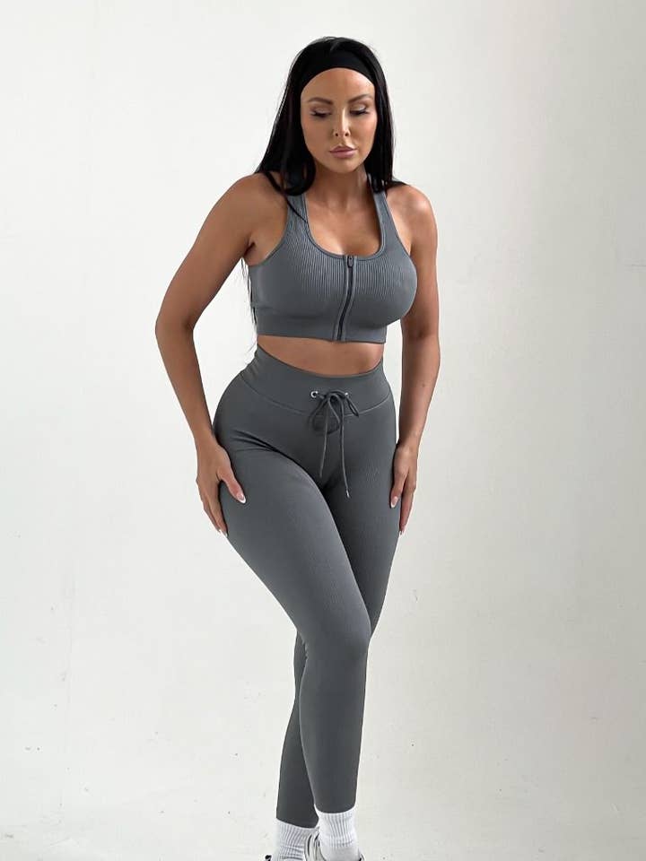 Grey Strappy High Waisted Zip Up Activewear Set - Alessia for wholesale by Femme Luxe