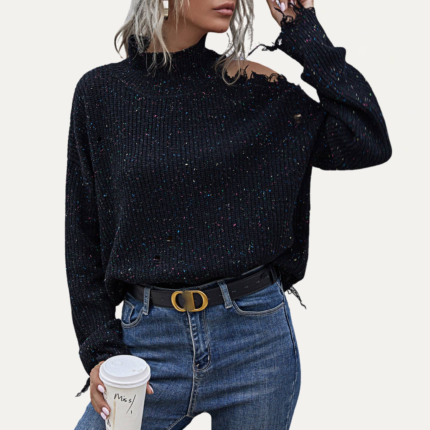 The Moment Collection – Engroshandel Strikket top - Dame – Trendy Strik Mock Neck En Skulder Lange ærmer Top8