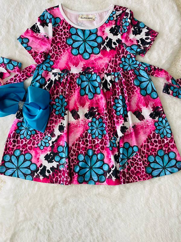 Turquoise&pink leopard print short sleeve dress XCH0888-2H for wholesale by luluclothes