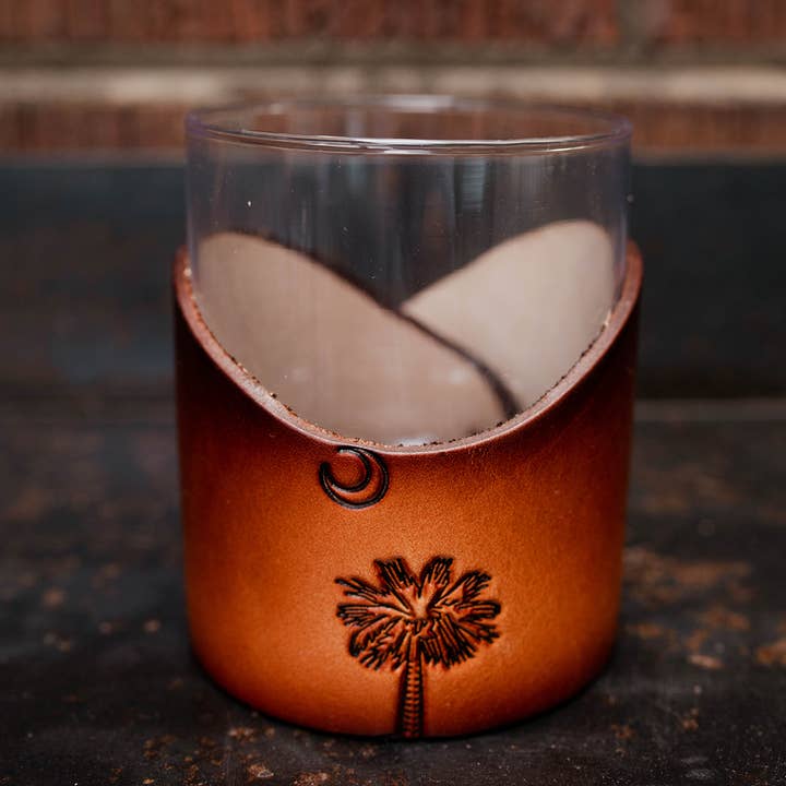 Lindy Leather - Wholesale Cocktail/Liquor Glass - Leather Rocks Glass - Light Stain Handmade Barware