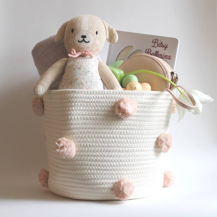 Twig and Tassel - Wholesale Basket - Kids & Baby - Blush Pink Pom Basket - Medium