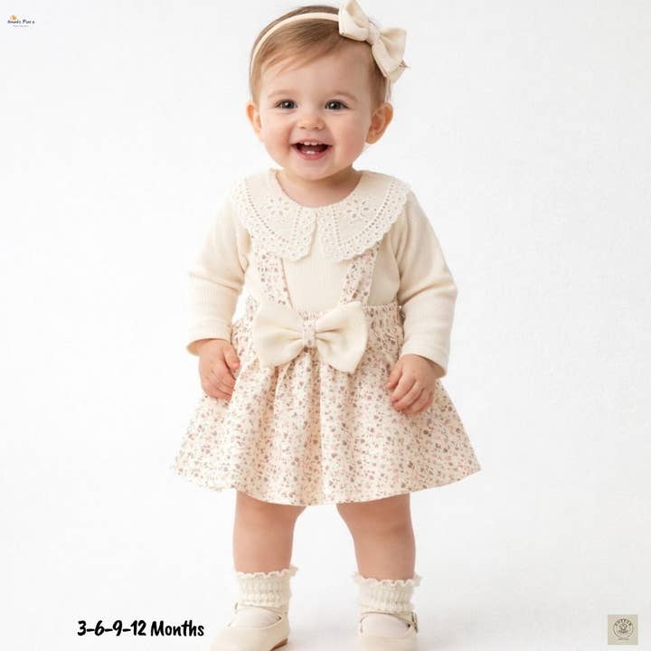 Leaf Print Baby Girl Dress with Lace Collar & Bow | 3–12 M for wholesale by Omnis Pura