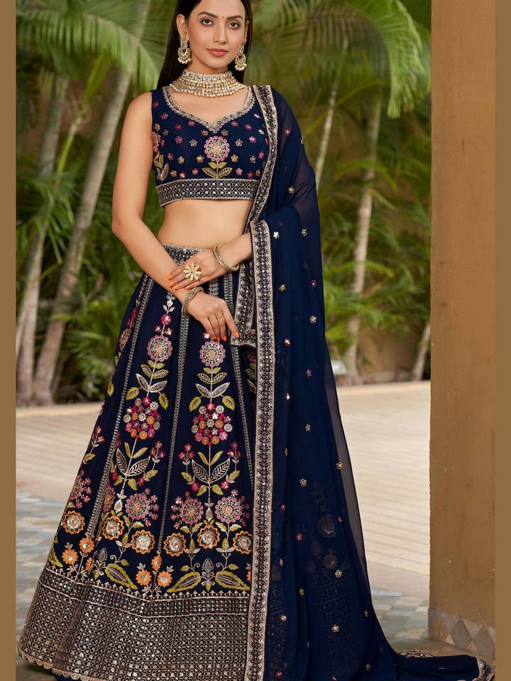 Lehenga Choli in Georgette Blu Navy per Matrimonio e Festival Indiano e Pakistano - Ricamo con Paillettes e Filo, Lavoro Zari, Lavoro Dori per la vendita all'ingrosso da parte di HATKE BRIDE