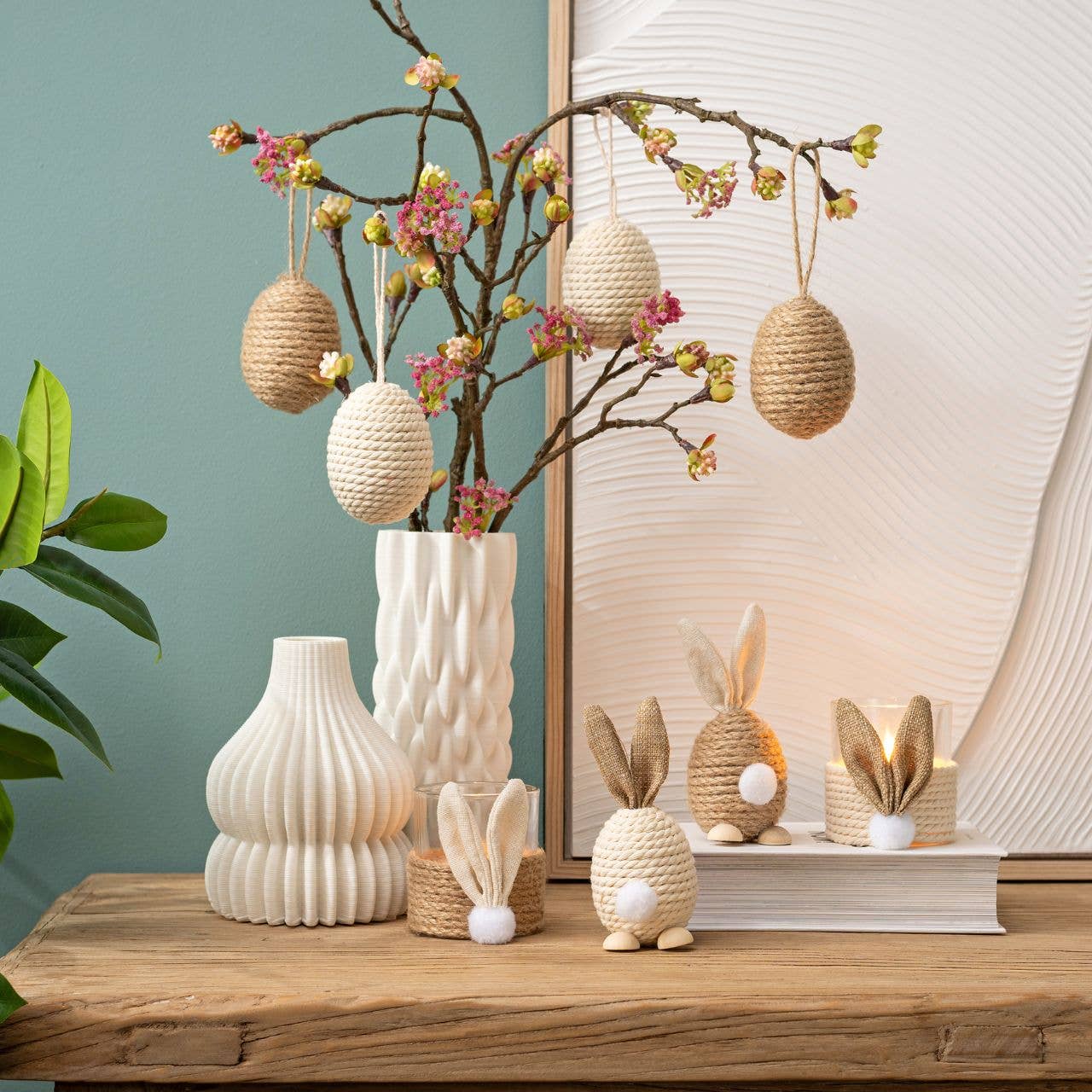 Wurm - Wholesale Decorative Figurine - Hanging eggs made of plastic/jute 12-piece set, brown/white (W/H/D) 6x7x6cm2