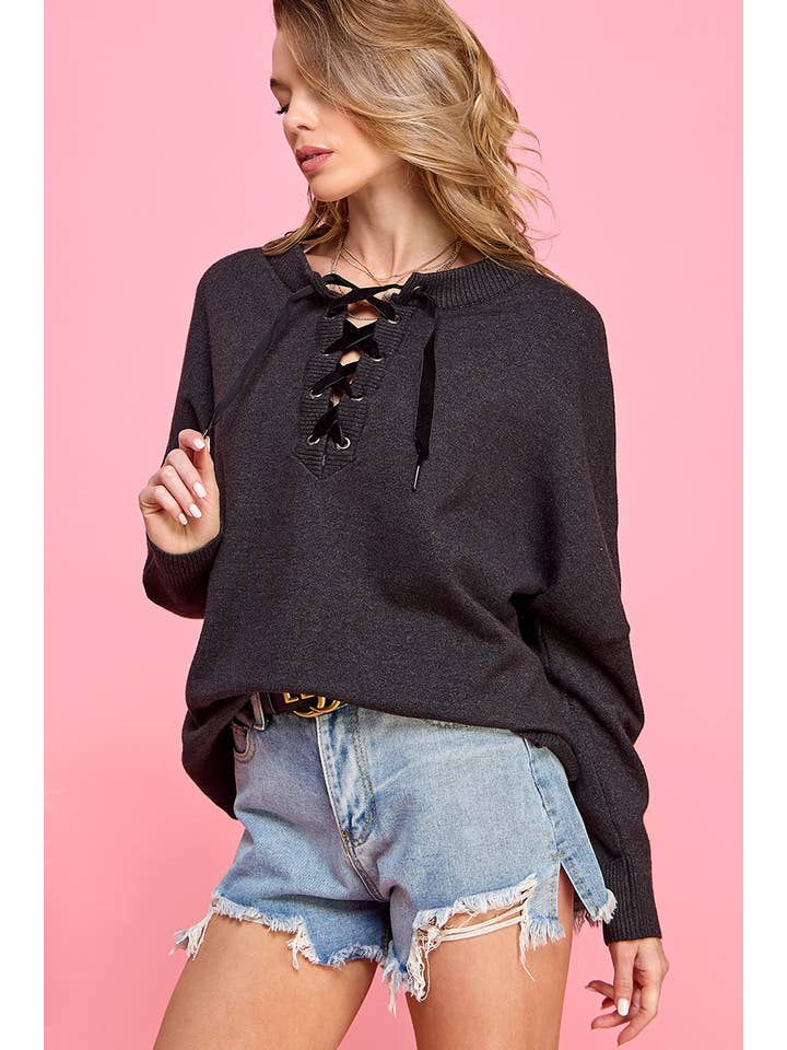 Charcoal drawstring chest long sleeve fall top for wholesale on Faire2