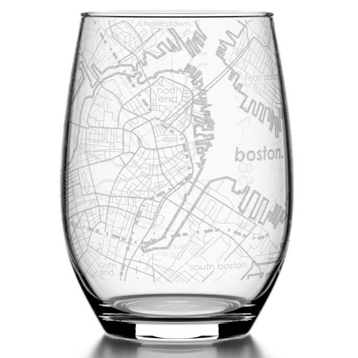 Verre à vin sans pied de 15 oz - Carte de la ville de Boston, MA pour la vente par Well Told