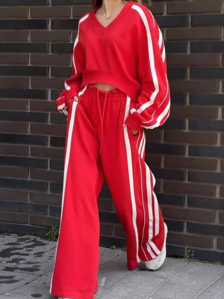 safistyle - Wholesale Lounge Set - Women's - Striped Oversized Top and Wide-Leg Pants Set1