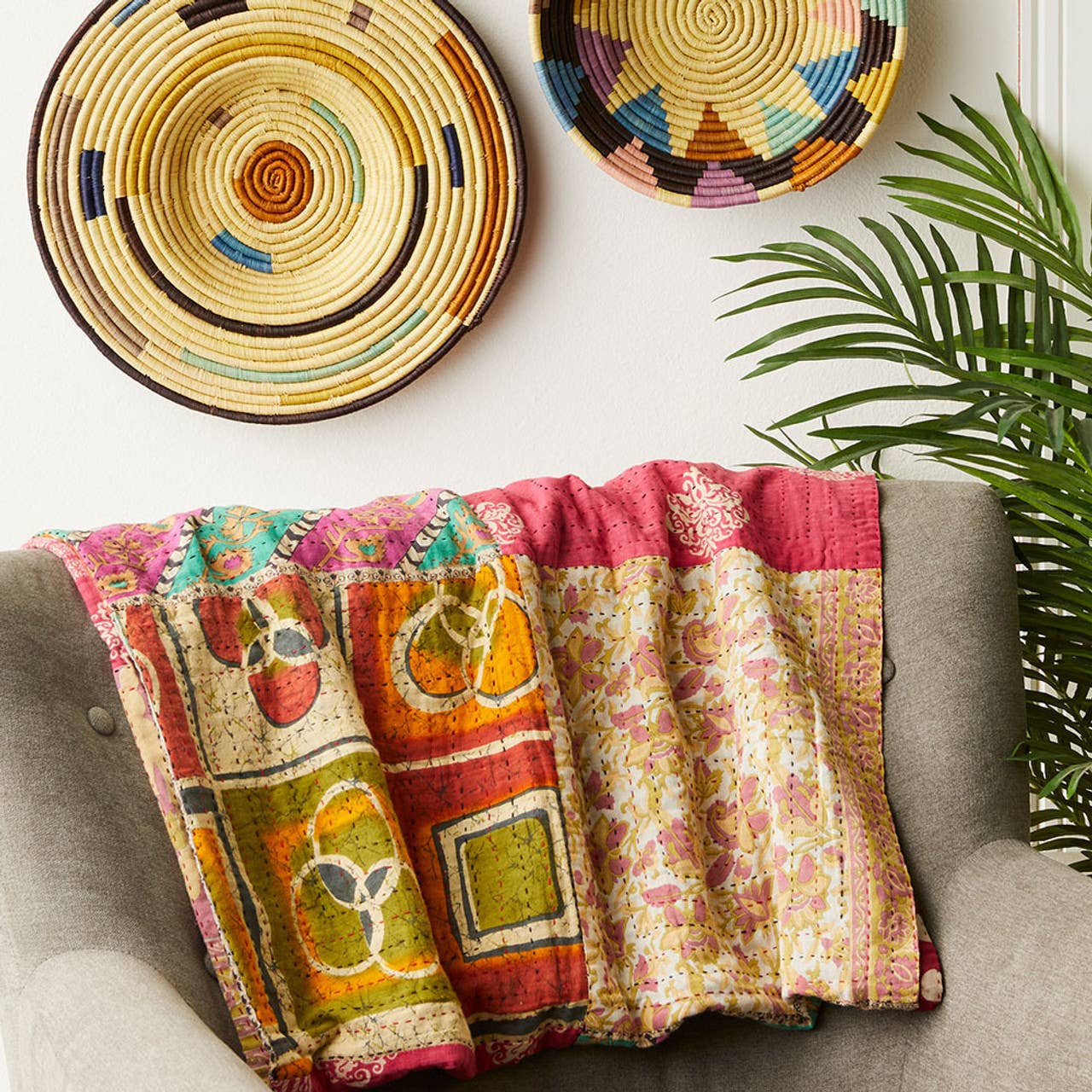 SERRV International - Wholesale Throw Blanket - Kantha Patchwork Rainbow Square Throw2