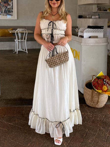 Rosa Clothing - Wholesale Top & Skirt Set - Women's - Suspenders Bow Top Pleated Skirt Set1