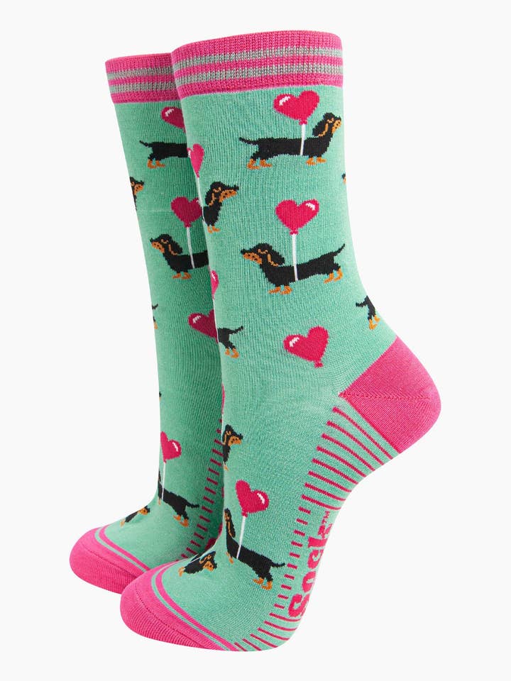 Women's Bamboo Socks - Mint, Sausage Dog Love Heart Balloon for wholesale by Sock Talk
